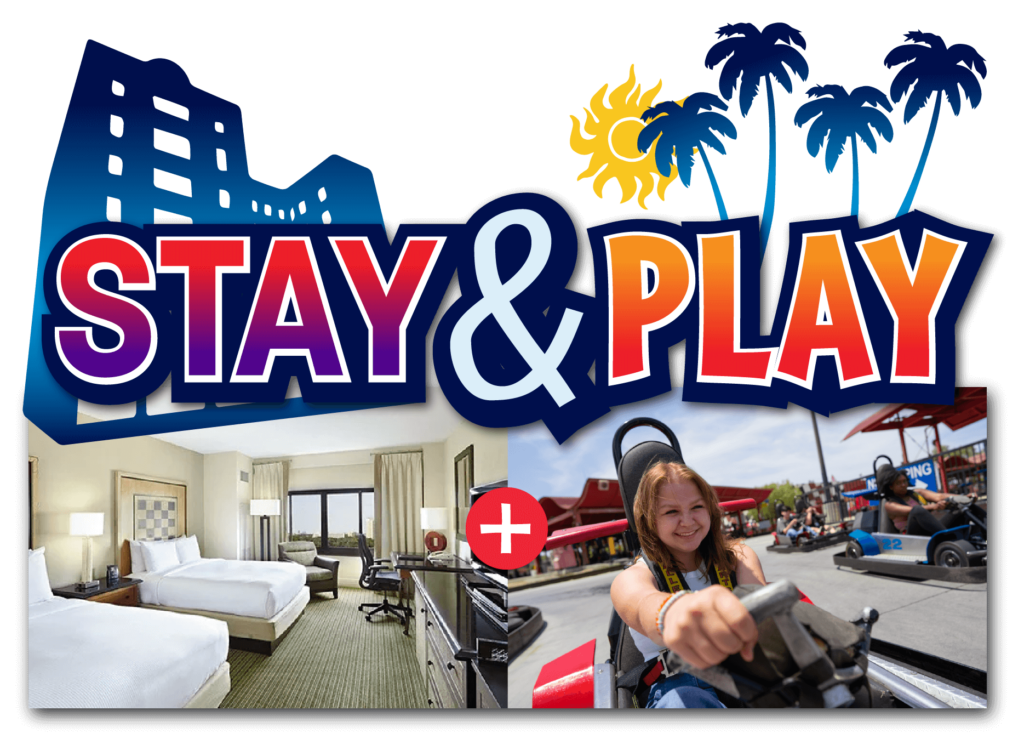 Collage of hotel room and girl riding go karts