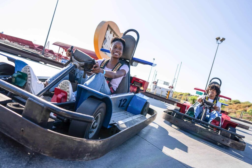 woman on Go karts at Boomers